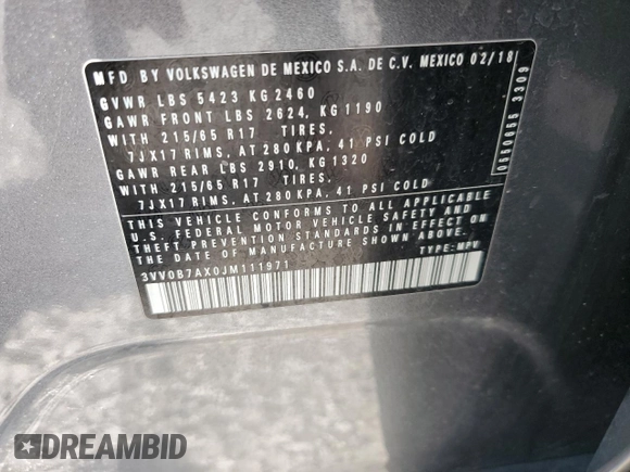 2018 Volkswagen Tiguan S with VIN 3VV0B7AX0JM111971, listed as a Copart auction lot 54485955 with 98,716 mi miles and Salvage Title. Bid and sale history available at DreamBid. Image 13.