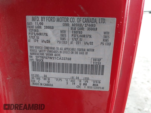 2001 Ford F-150 с VIN 2FTRF07W21CA33768, выставлен на аукционе IAAI как лот 41508712 с пробегом Не указан миль и . История ставок и продаж доступна на DreamBid. Изображение 9.