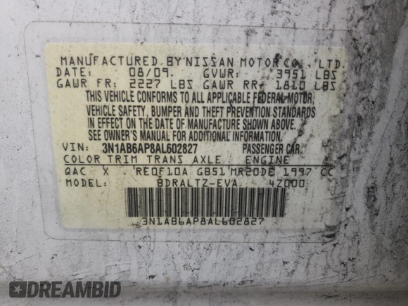 2010 Nissan Sentra S with VIN 3N1AB6AP8AL602827, listed as a Copart auction lot 56497595 with 101,907 mi miles and Salvage title. Bid and sale history available at DreamBid. Image 12.