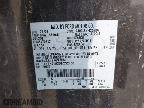 2005 Ford F-250 XL с VIN 1FTSX215X5EC32450, выставлен на аукционе IAAI как лот 42405822 с пробегом Не указан миль и . История ставок и продаж доступна на DreamBid. Изображение 9.
