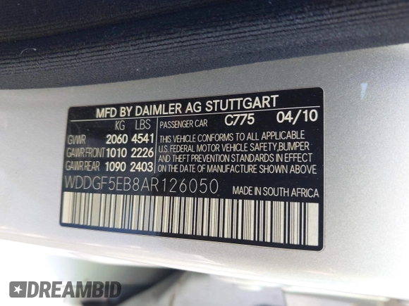 2010 Mercedes-Benz C-Class C 300 Sport with VIN WDDGF5EB8AR126050, listed as a IAAI auction lot 41969864 with 194,115 mi miles. Bid and sale history available at carsss.com. Image 9.