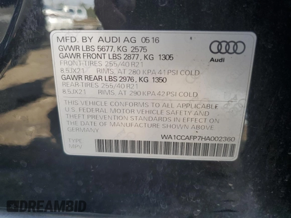 2017 Audi SQ5 Premium Plus with VIN WA1CCAFP7HA002360, listed as a Copart auction lot 65685024 with 130,385 mi miles and Clean Title. Bid and sale history available at carsss.com. Image 14.