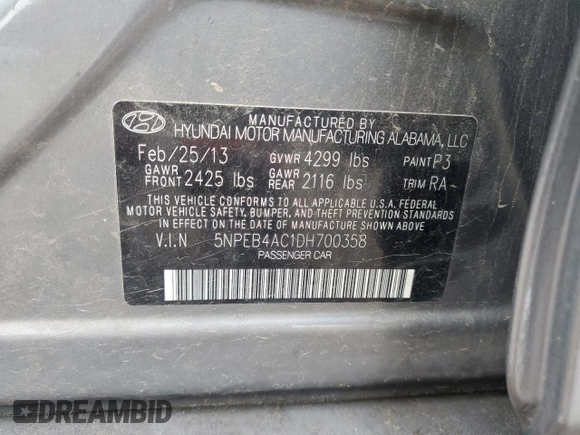 2013 Hyundai Sonata GLS with VIN 5NPEB4AC1DH700358, listed as a Copart auction lot 51606465 with 142,541 mi miles and Clean Title. Bid and sale history available at carsss.com. Image 12.