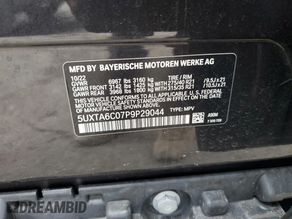 2023 BMW X5 xDrive45e with VIN 5UXTA6C07P9P29044, listed as a Copart auction lot 43625165 with 33,578 mi miles and Salvage Title. Bid and sale history available at carsss.com. Image 14.