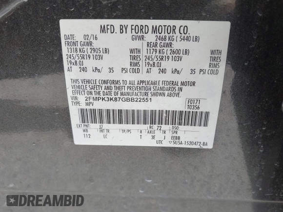 2016 Ford Edge Titanium with VIN 2FMPK3K87GBB22551, listed as a IAAI auction lot 41046840 with 98,349 mi miles. Bid and sale history available at carsss.com. Image 9.