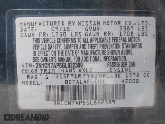 2016 Nissan Versa S with VIN 3N1CN7AP5GL822389, listed as a IAAI auction lot 42009112 with 61,032 mi miles and . Bid and sale history available at DreamBid. Image 9.