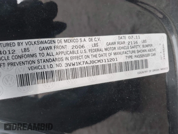 2012 Volkswagen Jetta S with VIN 3VW1K7AJ0CM311201, listed as a IAAI auction lot 41510173 with 125,480 mi miles and . Bid and sale history available at DreamBid. Image 9.