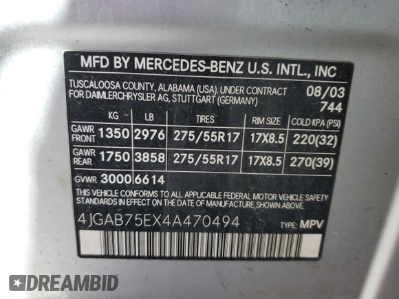 2004 Mercedes-Benz M-Class with VIN 4JGAB75EX4A470494, listed as a Copart auction lot 52024515 with 185,639 mi miles and Salvage Title. Bid and sale history available at carsss.com. Image 13.