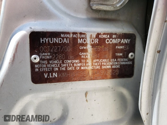 2001 Hyundai Sonata GLS with VIN KMHWF35V81A392523, listed as a Copart auction lot 74584334 with 174,597 mi miles and Salvage Title. Bid and sale history available at carsss.com. Image 12.