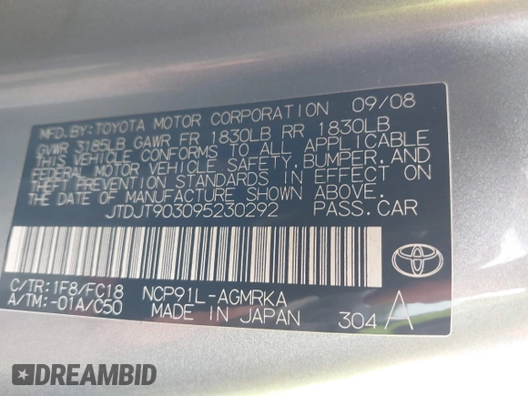 2009 Toyota Yaris with VIN JTDJT903095230292, listed as a IAAI auction lot 41958247 with 330,127 mi miles and . Bid and sale history available at DreamBid. Image 9.
