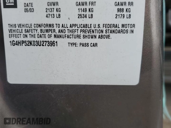 2003 Buick LeSabre Custom with VIN 1G4HP52K03U273961, listed as a Copart auction lot 51954225 with 0 mi miles and Salvage Title. Bid and sale history available at carsss.com. Image 13.