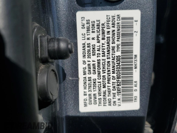 2013 Honda Civic EX with VIN 19XFB2F80DE034305, listed as a Copart auction lot 55426315 with 198,911 mi miles and Clean Title. Bid and sale history available at DreamBid. Image 12.