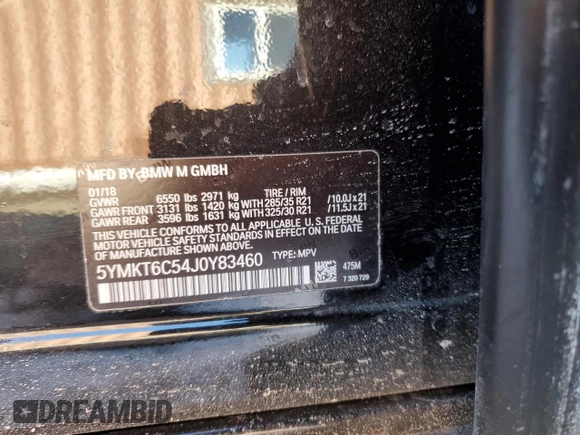 2018 BMW X5 M with VIN 5YMKT6C54J0Y83460, listed as a Copart auction lot 46113245 with 58,657 mi miles and Salvage Title. Bid and sale history available at carsss.com. Image 14.