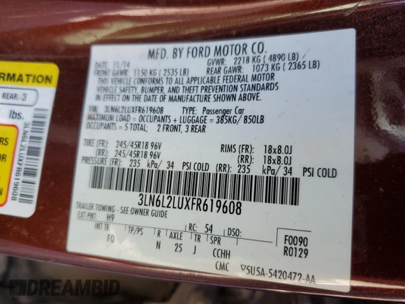 2015 Lincoln MKZ Hybrid with VIN 3LN6L2LUXFR619608, listed as a Copart auction lot 58407575 with 45,710 mi miles and Salvage title. Bid and sale history available at DreamBid. Image 12.