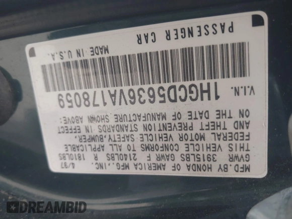 1997 Honda Accord LX z VIN 1HGCD5636VA178059, wystawiony jako IAAI lot #42228506 z przebiegiem 264 174 mil mil oraz . Historia ofert i sprzedaży dostępna na DreamBid. Obrazek 9.
