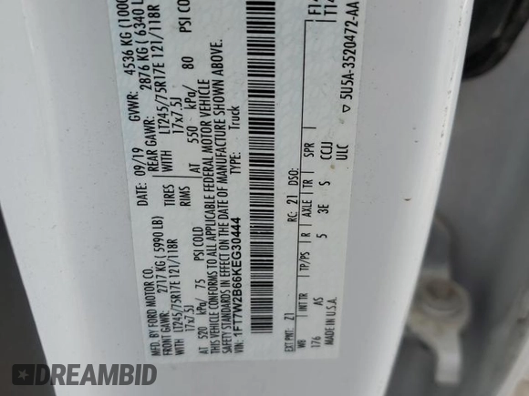 2019 Ford F-250 XL z VIN 1FT7W2B66KEG30444, wystawiony jako Copart lot #59357234 z przebiegiem Nie podano mil oraz Szkoda całkowita • Salvage title. Historia ofert i sprzedaży dostępna na DreamBid. Obrazek 12.