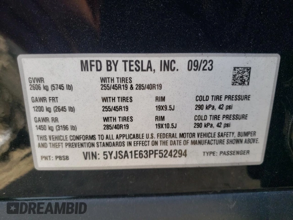 2023 Tesla Model S Plaid с VIN 5YJSA1E63PF524294, выставлен на аукционе Copart как лот 70292844 с пробегом Не указан миль и Списание • Salvage title. История ставок и продаж доступна на DreamBid. Изображение 13.