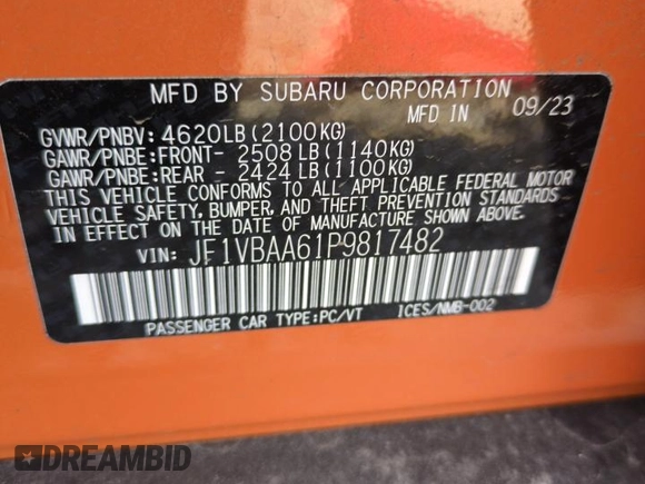 2023 Subaru WRX with VIN JF1VBAA61P9817482, listed as a Copart auction lot 50839895 with 6,127 mi miles and Salvage title. Bid and sale history available at DreamBid. Image 12.