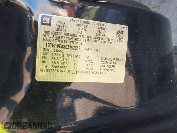 2012 GMC Sierra 1500 with VIN 1GTR1VEA3CZ292357, listed as a IAAI auction lot 41213216 with 179,150 mi miles and . Bid and sale history available at DreamBid. Image 9.