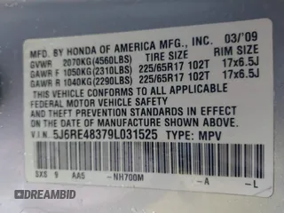 2009 Honda CR-V LX with VIN 5J6RE48379L031525, listed as a IAAI auction lot 41851336 with 233,042 mi miles. Bid and sale history available at carsss.com. Image 9.
