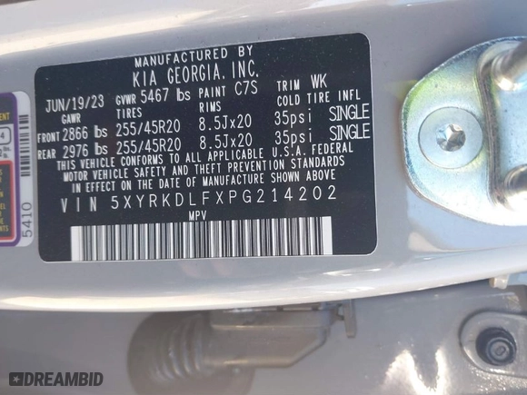 2023 Kia Sorento X-Line SX Prestige with VIN 5XYRKDLFXPG214202, listed as a IAAI auction lot 40638311 with 19,871 mi miles. Bid and sale history available at carsss.com. Image 9.
