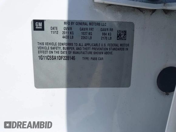2013 Chevrolet Malibu LT with VIN 1G11C5SA1DF228146, listed as a IAAI auction lot 41904296 with 118,541 mi miles and . Bid and sale history available at DreamBid. Image 9.