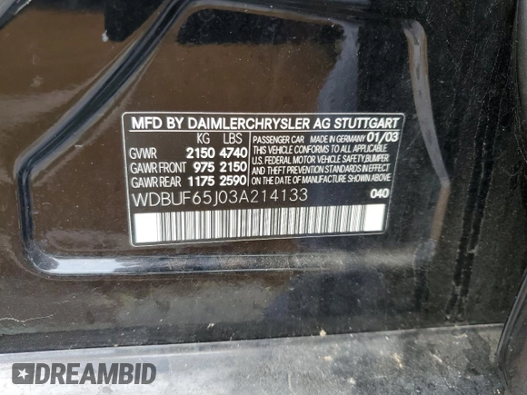 2003 Mercedes-Benz E 320 with VIN WDBUF65J03A214133, listed as a Copart auction lot 80540374 with 87,164 mi miles and Salvage Title. Bid and sale history available at DreamBid. Image 12.