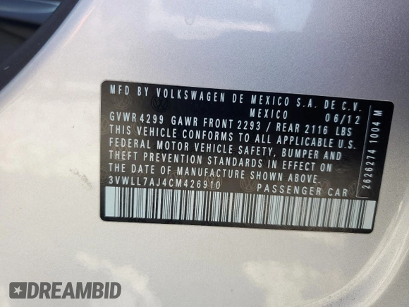 2012 Volkswagen Jetta TDI w/Premium & Nav с VIN 3VWLL7AJ4CM426910, выставлен на аукционе Copart как лот 53111065 с пробегом 137 376 миль миль и Списание • Salvage title. История ставок и продаж доступна на DreamBid. Изображение 13.