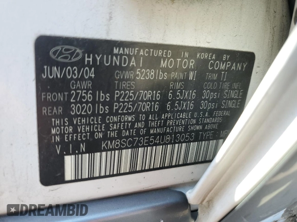 2004 Hyundai Santa Fe GLS with VIN KM8SC73E54U813053, listed as a Copart auction lot 70923004 with 143,490 mi miles and Salvage Title. Bid and sale history available at carsss.com. Image 13.