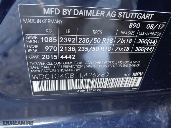 2018 Mercedes-Benz GLA with VIN WDCTG4GB1JJ426289, listed as a IAAI auction lot 41601356 with 68,206 mi miles. Bid and sale history available at carsss.com. Image 9.