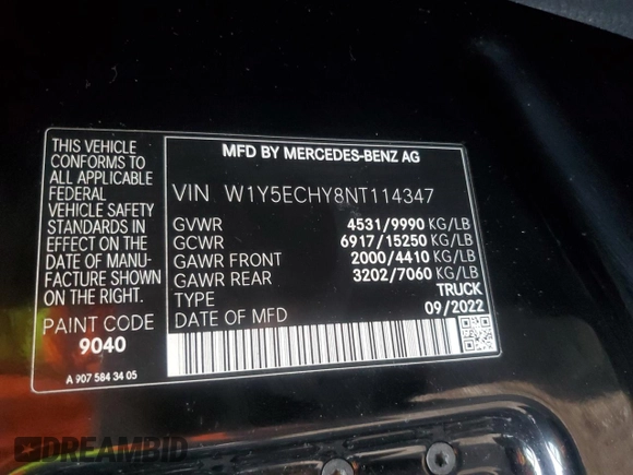 2022 Mercedes-Benz Sprinter with VIN W1Y5ECHY8NT114347, listed as a Copart auction lot 45167685 with 71,625 mi miles and Salvage Title. Bid and sale history available at DreamBid. Image 12.