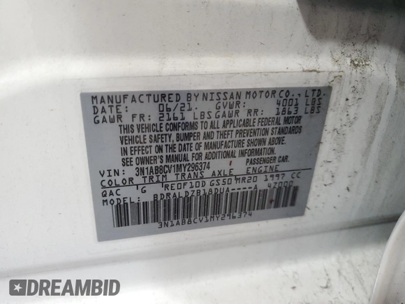 2021 Nissan Sentra SV with VIN 3N1AB8CV1MY296374, listed as a Copart auction lot 51460715 with 37,727 mi miles and Salvage Title. Bid and sale history available at DreamBid. Image 14.