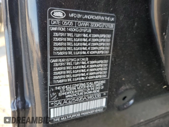 2005 Land Rover LR3 HSE with VIN SALAG25495A346338, listed as a Copart auction lot 78095844 with Not provided miles and Salvage title. Bid and sale history available at DreamBid. Image 14.