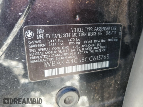 2012 BMW 7 Series 740i with VIN WBAKA4C58CC613763, listed as a Copart auction lot 43557415 with 0 mi miles and Salvage Title. Bid and sale history available at carsss.com. Image 15.