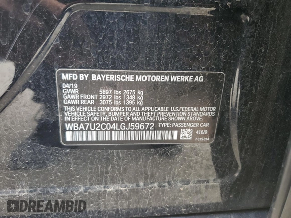 2020 BMW 7 Series 750i xDrive with VIN WBA7U2C04LGJ59672, listed as a Copart auction lot 60959675 with Not provided miles and Salvage title. Bid and sale history available at DreamBid. Image 12.