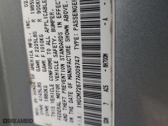2007 Honda Accord Cpe EX-L with VIN 1HGCM72677A009747, listed as a Copart auction lot 44748735 with 180,192 mi miles and Salvage Title. Bid and sale history available at carsss.com. Image 12.