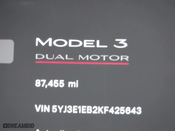 2019 Tesla Model 3 Long Range with VIN 5YJ3E1EB2KF425643, listed as a IAAI auction lot 41676853 with NaN miles. Bid and sale history available at carsss.com. Image 15.