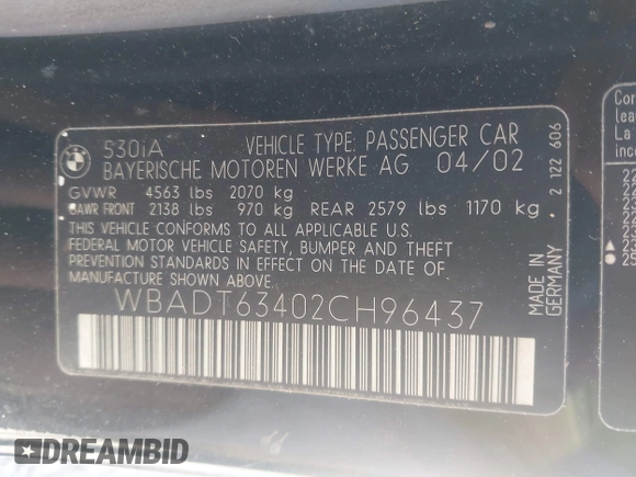 2002 BMW 5 Series 530iA with VIN WBADT63402CH96437, listed as a IAAI auction lot 41740118 with 172,450 mi miles. Bid and sale history available at carsss.com. Image 9.