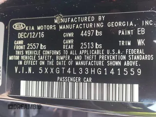 2017 Kia Optima LX with VIN 5XXGT4L33HG141559, listed as a IAAI auction lot 41863912 with 148,250 mi miles. Bid and sale history available at carsss.com. Image 9.