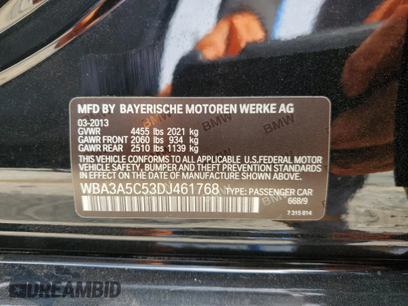 2013 BMW 3 Series 328i with VIN WBA3A5C53DJ461768, listed as a Copart auction lot 57687965 with 49,190 mi miles and Salvage title. Bid and sale history available at DreamBid. Image 12.