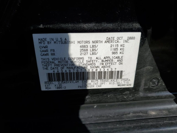 2009 Mitsubishi Galant Ralliart z VIN 4A3AB76T79E033437, wystawiony jako Copart lot #72925244 z przebiegiem 97 647 mil mil oraz Szkoda całkowita • Salvage title. Historia ofert i sprzedaży dostępna na DreamBid. Obrazek 12.