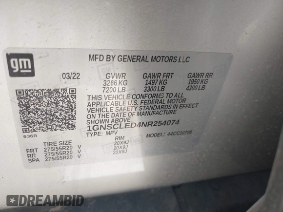 2022 Chevrolet Tahoe Commercial with VIN 1GNSCLED4NR254074, listed as a IAAI auction lot 42524415 with Not provided miles and . Bid and sale history available at DreamBid. Image 9.