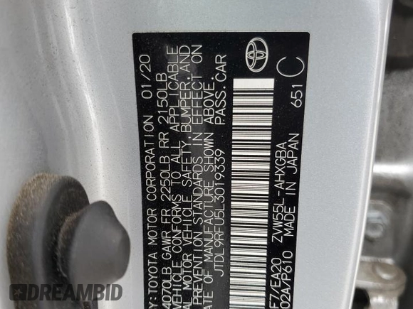 2020 Toyota Prius LE with VIN JTDL9RFU5L3019339, listed as a Copart auction lot 52778255 with 67,797 mi miles and Salvage Title. Bid and sale history available at DreamBid. Image 13.