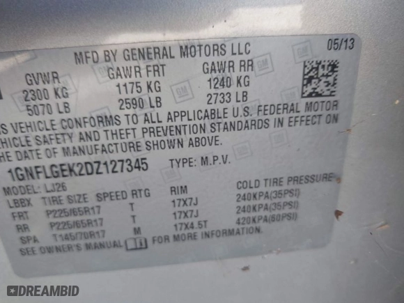 2013 Chevrolet Equinox LTZ with VIN 1GNFLGEK2DZ127345, listed as a IAAI auction lot 42057044 with 193,549 mi miles. Bid and sale history available at carsss.com. Image 9.
