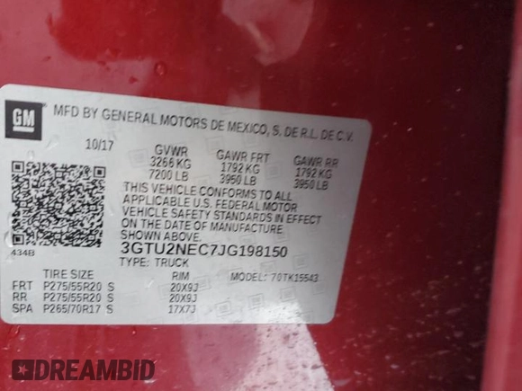 2018 GMC Sierra 1500 SLT z VIN 3GTU2NEC7JG198150, wystawiony jako Copart lot #83103454 z przebiegiem 84 450 mil mil oraz Nie do naprawy • Non repairable. Historia ofert i sprzedaży dostępna na DreamBid. Obrazek 12.