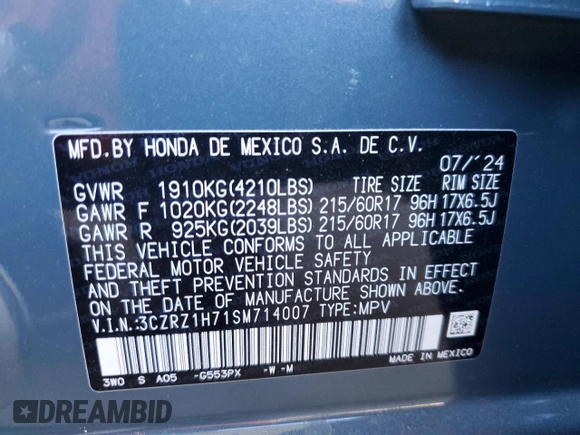 2025 Honda HR-V EX-L with VIN 3CZRZ1H71SM714007, listed as a Copart auction lot 50910245 with 1,239 mi miles and Salvage Title. Bid and sale history available at carsss.com. Image 14.