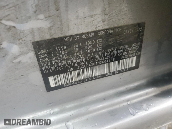 2022 Subaru Impreza Premium with VIN 4S3GKAD61N3604868, listed as a Copart auction lot 55818675 with Not provided miles and Salvage title. Bid and sale history available at DreamBid. Image 12.