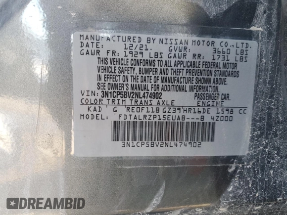 2022 Nissan Kicks S with VIN 3N1CP5BV2NL474902, listed as a Copart auction lot 88274805 with Not Provided miles and Non Repairable. Bid and sale history available at DreamBid. Image 14.
