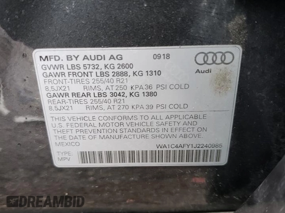 2018 Audi SQ5 Prestige with VIN WA1C4AFY1J2240985, listed as a Copart auction lot 50610653 with 86,686 mi miles. Bid and sale history available at carsss.com. Image 14.