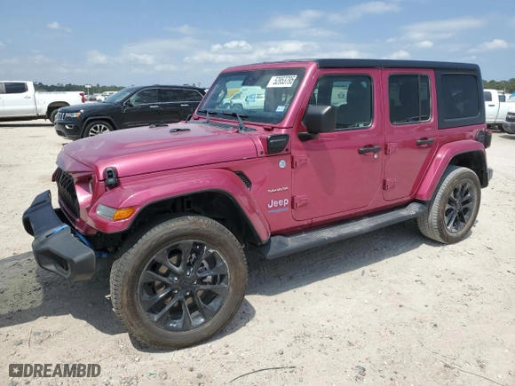 2021 Jeep Wrangler 4xe Unlimited Sahara with VIN 1C4JJXP68MW852703, listed as a Copart auction lot 52953795 with 25,437 mi miles and Salvage Title. Bid and sale history available at carsss.com. Image 1.